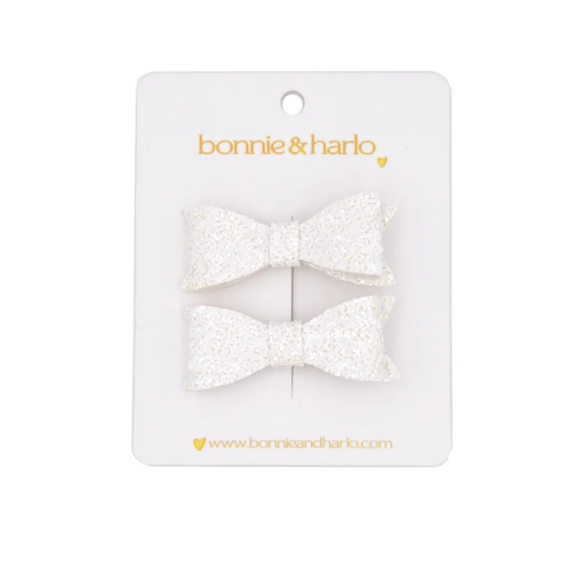 mini bow clips | white glitter